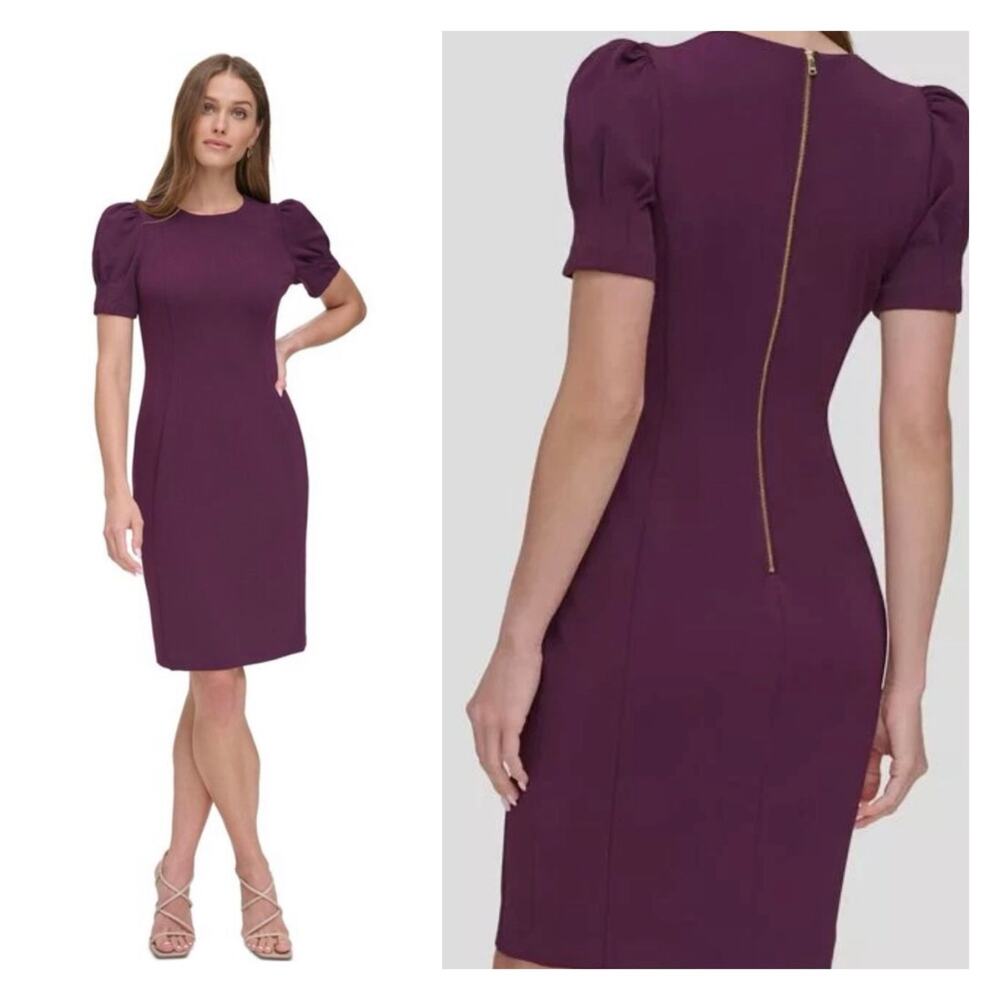DKNY Purple Puff Sleeve Sheath Dress Size 10 Exposed Back Zipper Eggplant